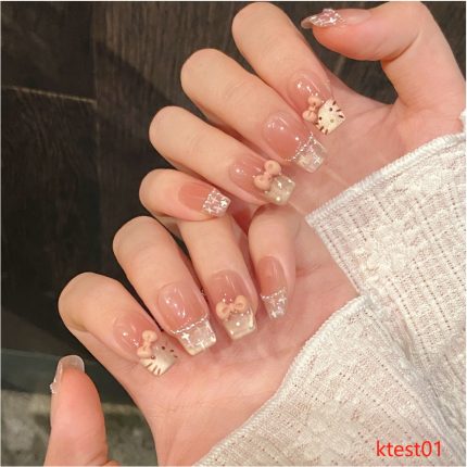 kT-nail01-Sweetheart Cat Blush, French cat eye pink, cute and sweet, bow short style, purely handmade